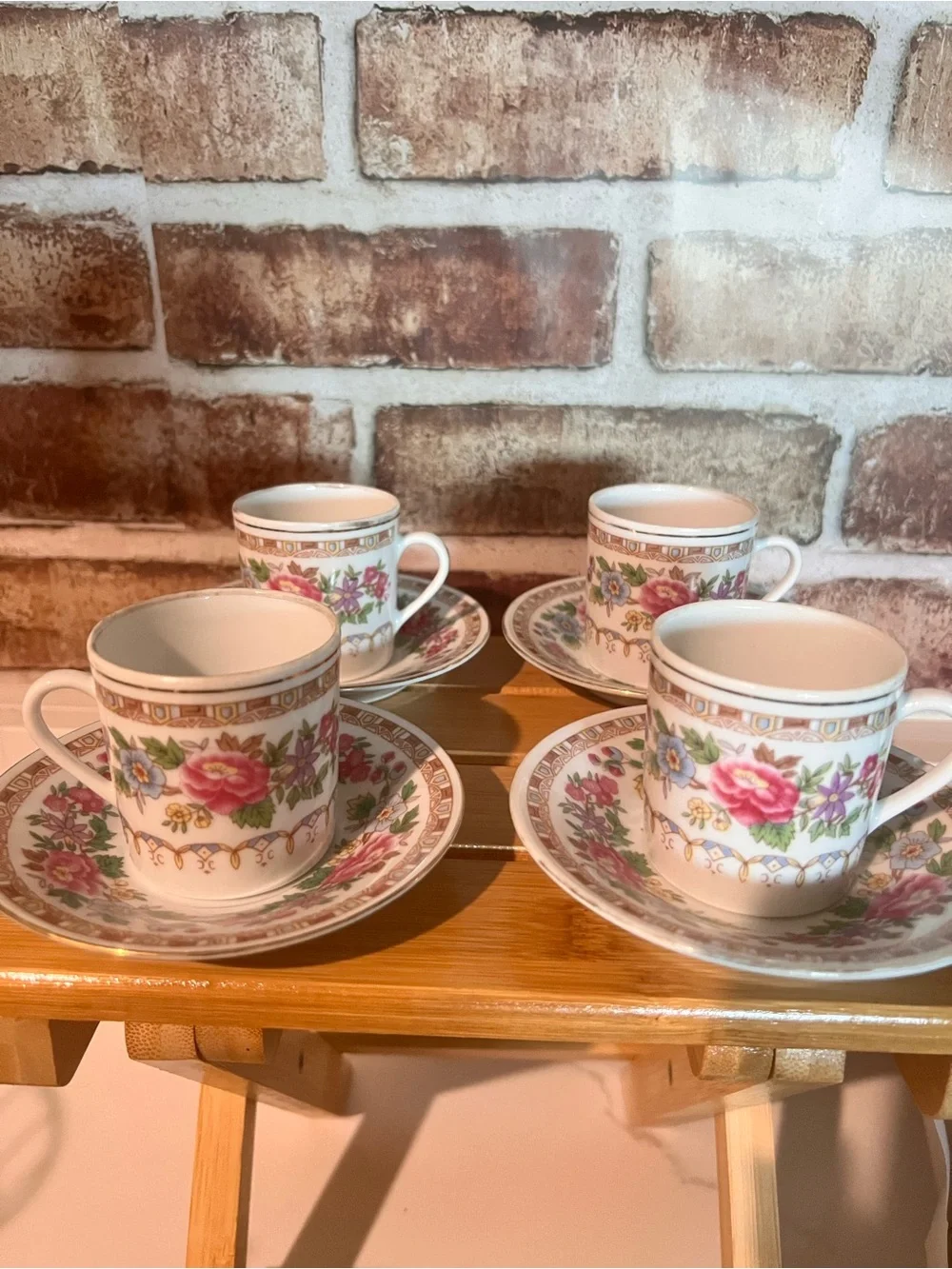 Porcelain Floral Turkish coffee cupand Saucer Set - White with Pink Rose Pattern